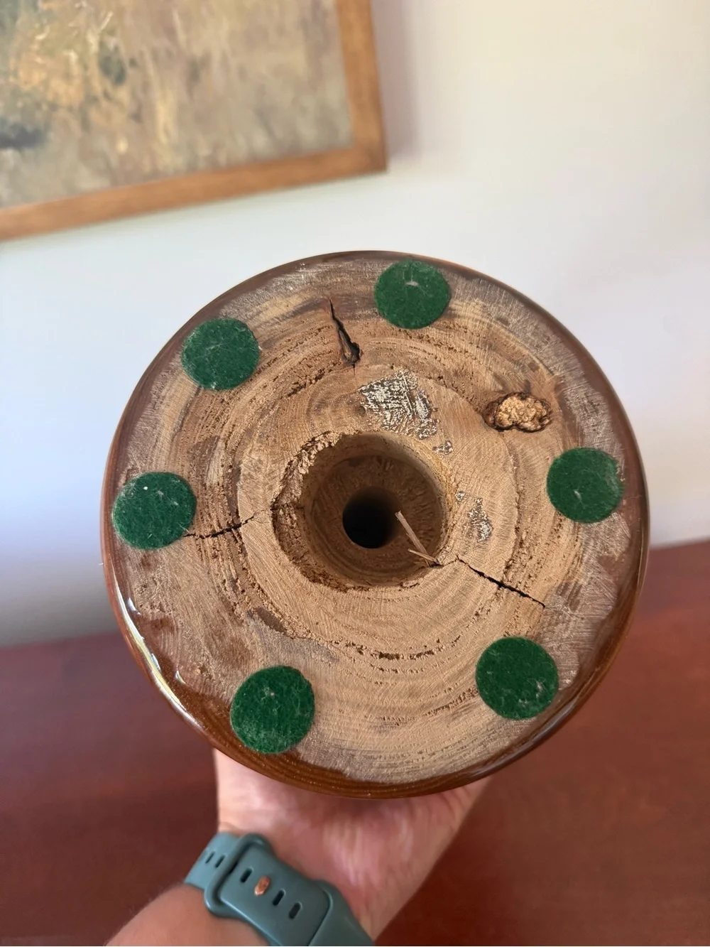 Vintage hand turned knotty wood vase with resin
